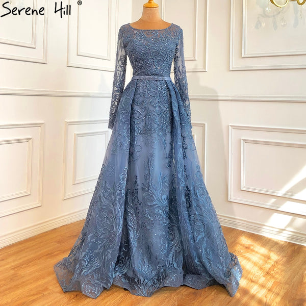 Serene Hill Muslim Blue  Lace Beaded Luxury Evening Dresses Gowns 2025 O-Neck Mermaid Elegant For Women Party LA70834