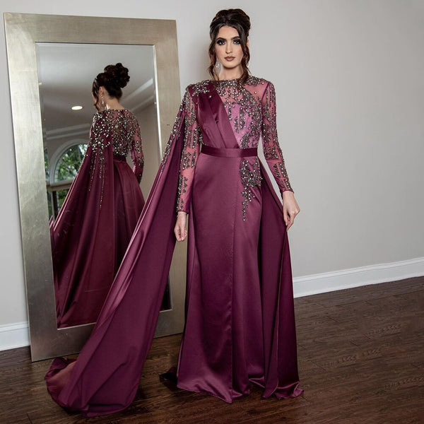 Serene Hill Muslim Grape Purple Luxury Evening Dresses Gowns 2025 High Split Satin For Women Party LA71456