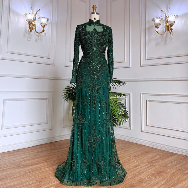 Serene Hill Muslim Green Mermaid Lace Beaded Crystal Luxury Dubai Evening Dresses Gowns For Women Wedding Party 2025 LA71983