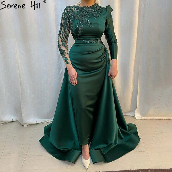 Serene Hill Muslim Green Mermaid Satin Evening Dresses Gowns 2025 Elegant Luxury Beading For Women Party LA71124