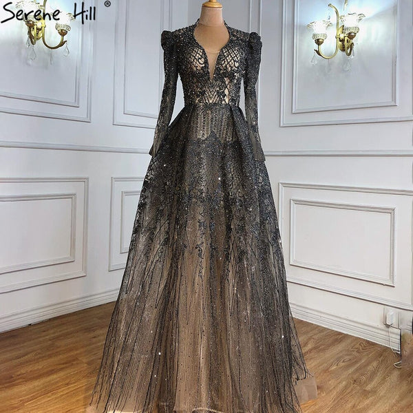 Serene Hill Muslim Grey Elegant Evening Dresses Long 2025 A-Line Beaded Wedding Party Gowns For Woman LA71126