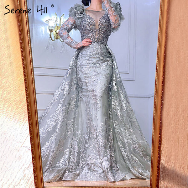 On Sale  no return no refundSerene Hill Muslim Grey Mermaid Evening Dresses Gowns 2025 Lace Beaded Crystal With Overskirt For Woman Party  LA71172