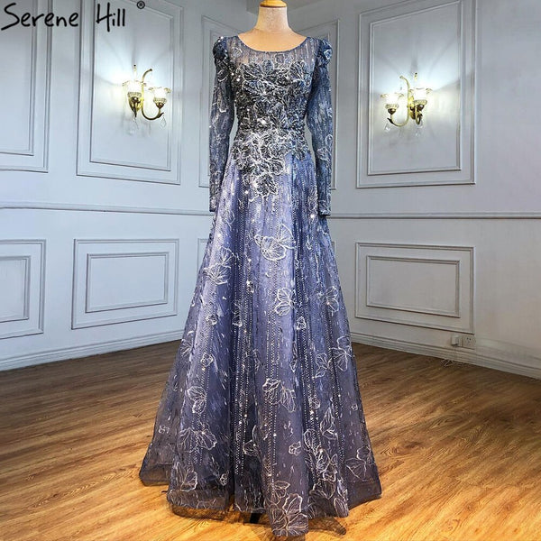 Serene Hill Muslim Luxury Blue Evening Dresses Gowns 2025 Lace Beaded A-Line For Woman Wedding Party  LA71231