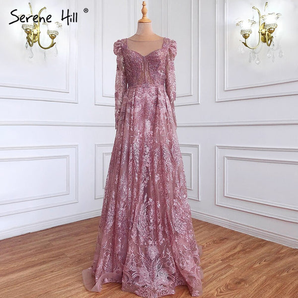 Serene Hill Muslim Luxury Pink Evening Dresses Gowns 2025 A-Line Beaded Lace For Women Party Dress LA71312