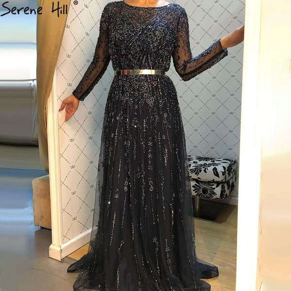 Serene Hill Muslim Navy Blue Luxury Evening Dresses Gowns 2025 A-Line Beaded Crystal For Women Party LA71145