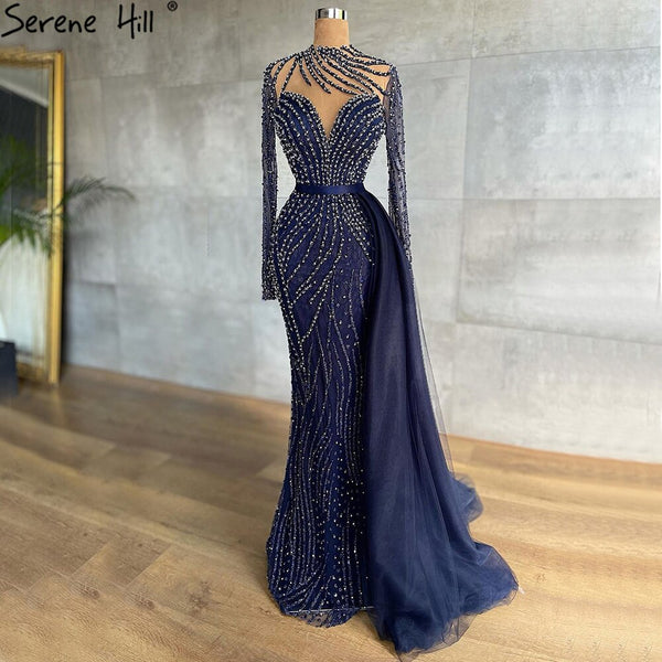 Serene Hill Muslim Navy Blue Luxury Evening Dresses Gowns 2025 Beaded Mermaid Elegant For Women Party LA71359