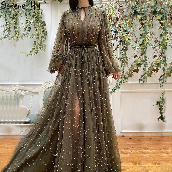 Serene Hill Muslim Olive Green Evening Dresses Gowns 2025 Luxury Pearls Long Lantern Sleeve For Women Party LA70885