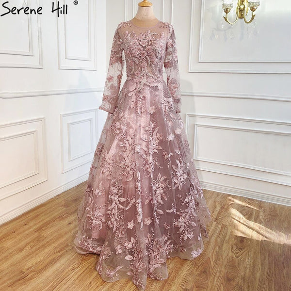 Serene Hill Muslim Pink Beaded Lace A-Line Luxury Long  Crystal Evening Dresses  Formal Gowns For Women Party 2025 LA70708