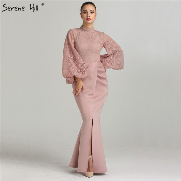 On Sale No Return No Refund Sale Serene Hill Muslim Pink Mermaid Lantern Sleeves Evening Dresses Gowns 2025 Split Elegant For Woman Party QA8002