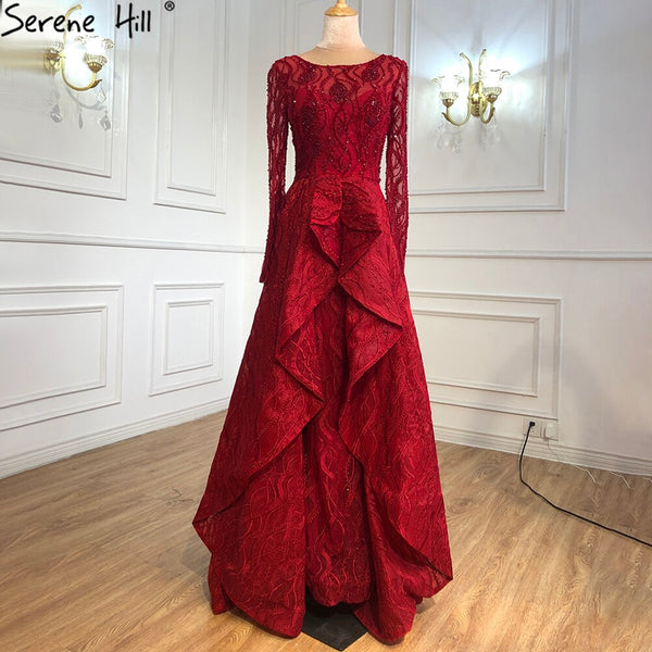 Serene Hill Muslim Wine Red Luxury Evening Dresses Gowns 2025 A-Line Beading Crystal For Women Party LA70967