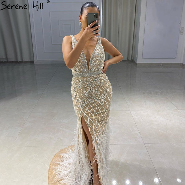 Serene Hill Nude Pink Mermaid High Split Elegant Evening Dresses Gowns 2025 Luxury Feathers Beading Sexy For Women Party LA70791