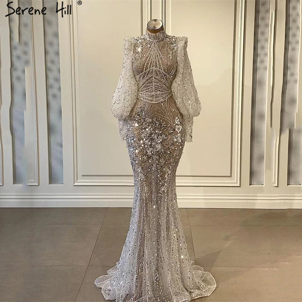 On Sale  no return no refundSerene Hill Silver Mermaid Luxury Evening Dresses Gowns Full Sleeves Beaded Elegant 2025 For Women Party LA71036