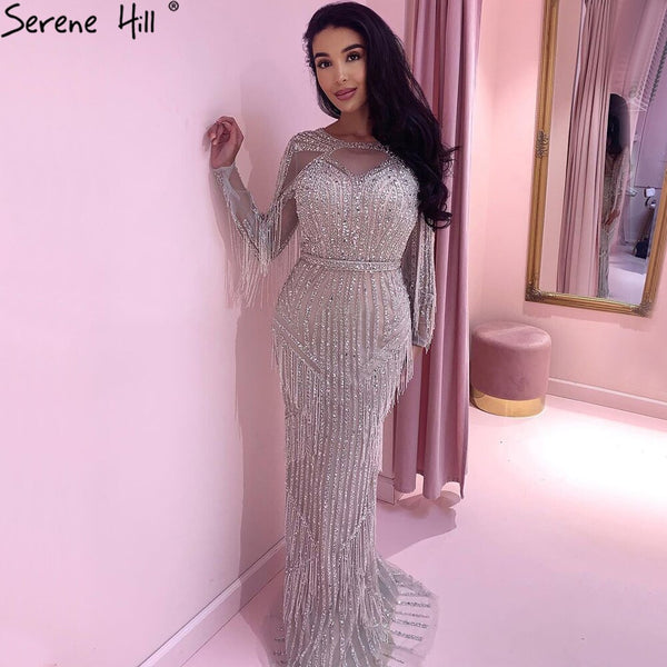 Serene Hill Silver Muslim Luxury Evening Dresses Gowns 2025 Mermaid Beading Tassel Elegant For Woman Party LA71166