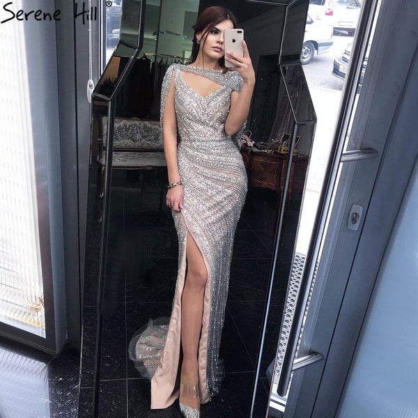 Serene Hill Silver Nude Luxury Mermaid Evening Dresses Gowns 2025 Beading Sparkle Elegant For Women Party  LA70752