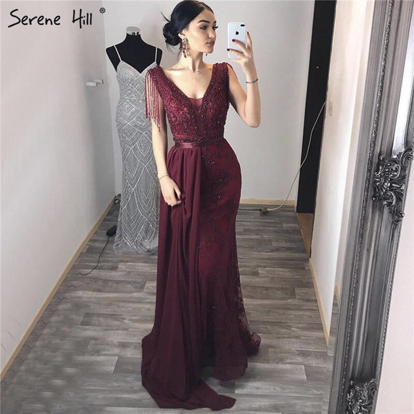 Serene Hill Wine Red with  Removable Sashes Evening Gowns 2025 Dubai  Plus Size  Beading Tassel Luxury Formal Dress LA60846