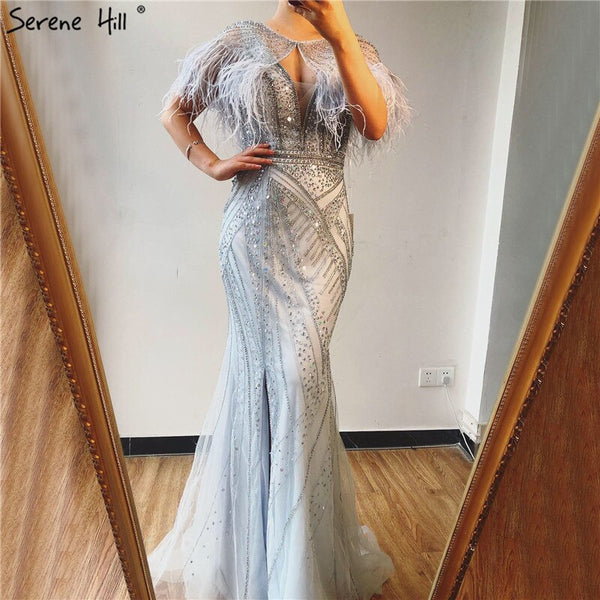 On Sale no return no refundSale Silver Feathers Shawl Yarn Sexy Evening Dresses 2025 Dubai Mermaid V-Neck Beading Diamond Formal Dress Serene Hill LA70355