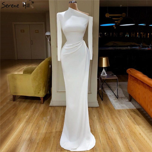 On Sale no return no refundSale White Satin Simple Long Sleeves Prom Dresses 2025 Mermaid Elegant Long Prom Party Gowns Serene Hill LA70298