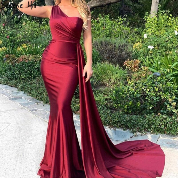 Wine Red Sleeveless Sexy Satin Evening Dresses 2025 One Shoulder Simple Mermaid Formal Dress Serene Hill LA70368