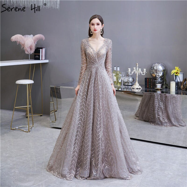 khaki  Muslim Arabia Crystal  Beading Evening Dresses  Gowns For Woman 2025  Long Sleeve Formal Dress Design Serene Hill LA70430