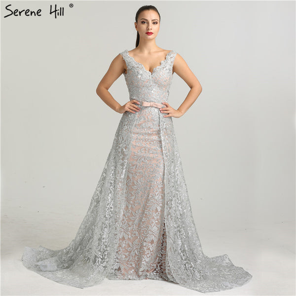 On Sale  no return no refundSale Deep-V Sleeveless Gliter Vintage Sexy Evening Dresses Mermaid Fashion Elegant With Removrable Train Evening Gown LA6235