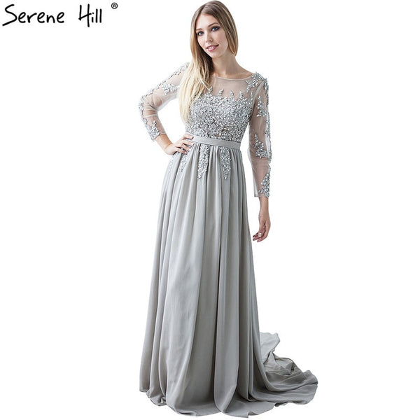 On Sale No Return No Refund Gray Beading Crystal Formal Long Sleeve Evening Dress HA2097