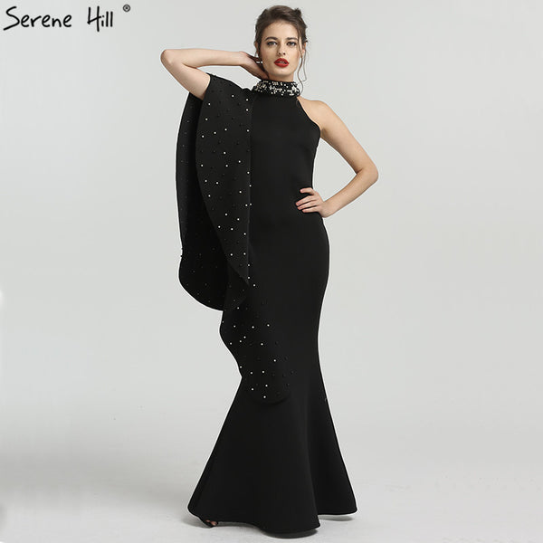 On Sale No Return No Refund Sale Design Black High Neck Mermaid Evening Dresses Elegant Pearls Sleeveless Long QA8024